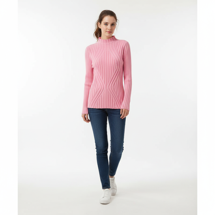 Chic women's high neck slim fit sweater, ideal for modern autumn outfits, featuring ribbed and diamond knit.