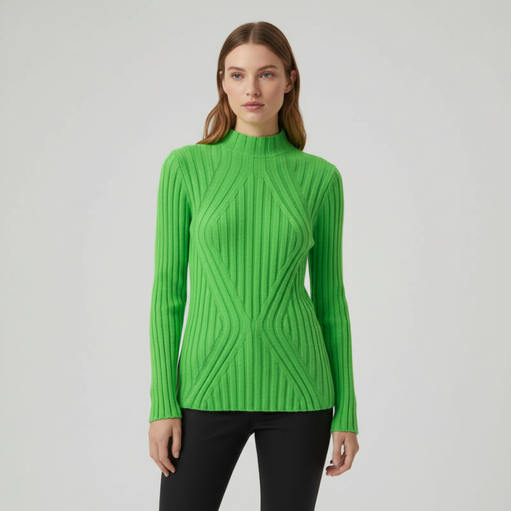 Warm & versatile women's high neck ribbed sweater with a stylish diamond pattern, essential for winter fashion.
