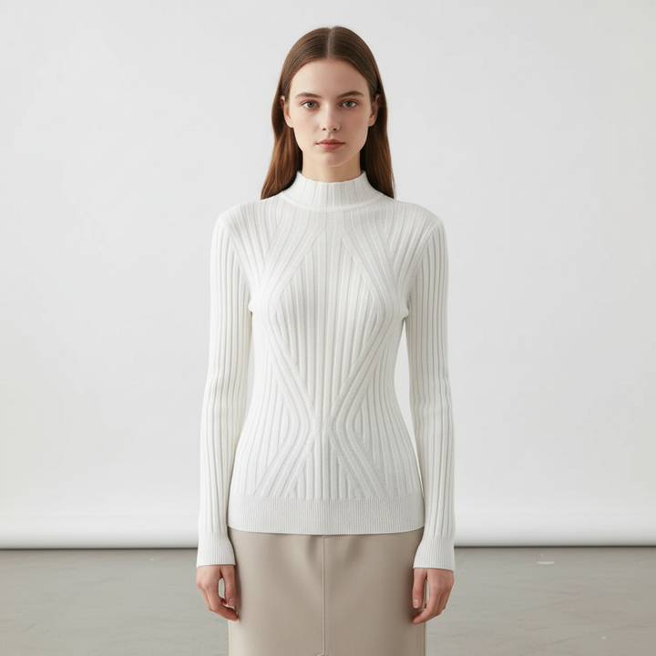 Elegant women's high neck knitted jumper, offering a slim fit silhouette and intricate ribbed diamond pattern.