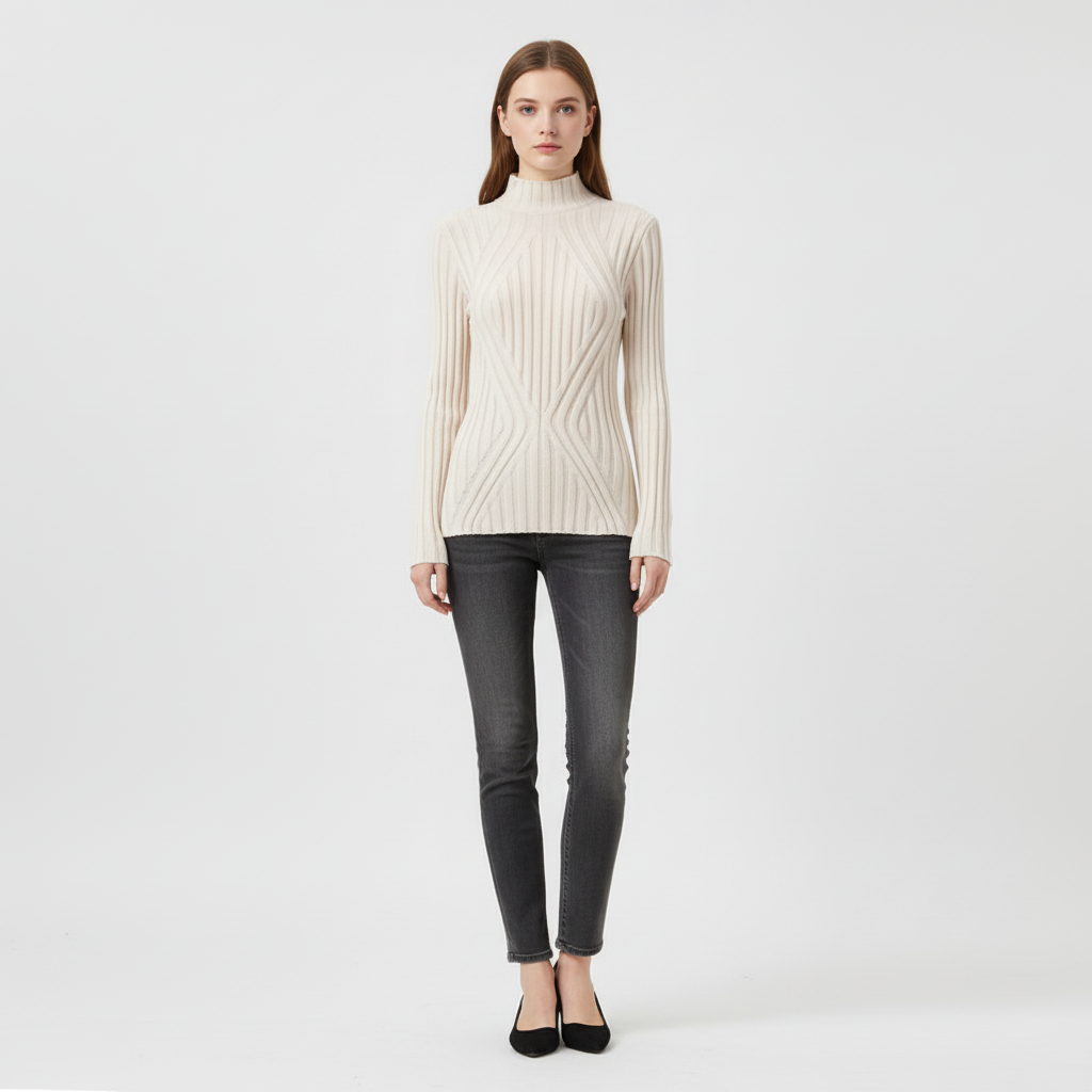 Modern women's high neck sweater in a sculpting slim fit, featuring a cozy ribbed texture & chic diamond design.