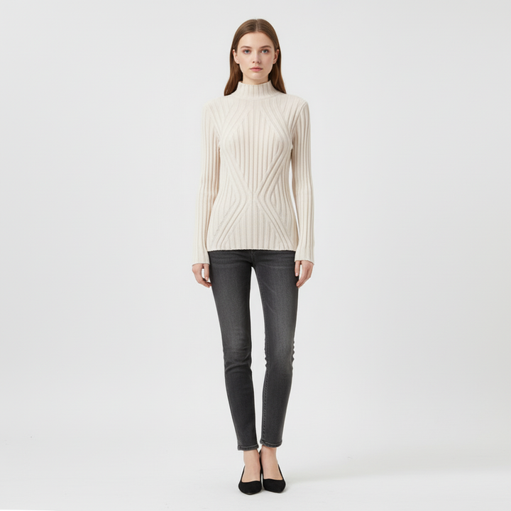 Modern women's high neck sweater in a sculpting slim fit, featuring a cozy ribbed texture & chic diamond design.