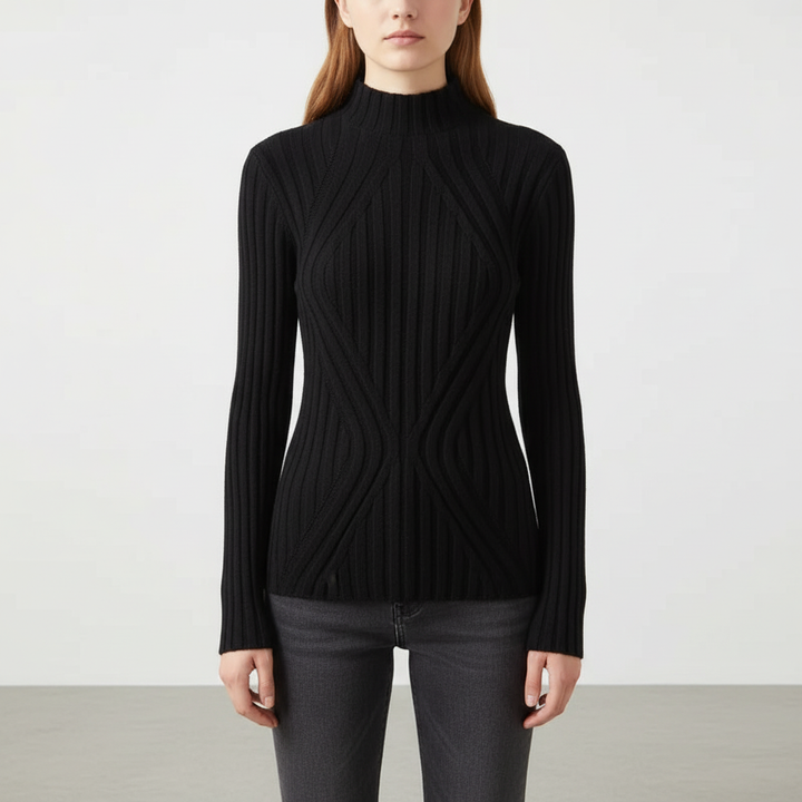 Stylish women's high neck jumper, designed with a slim fit, ribbed texture, and elegant diamond knit for any occasion.