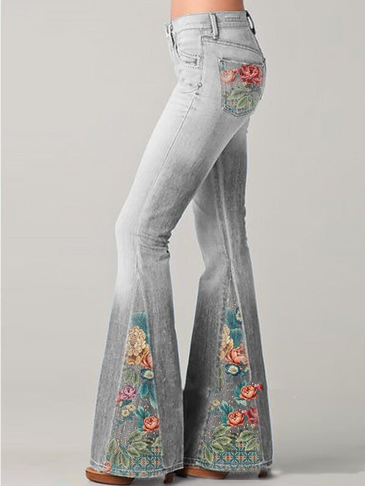 Trendy high-rise bootcut jeans for women, featuring unique floral embroidery. Perfect for spring fashion outfits.