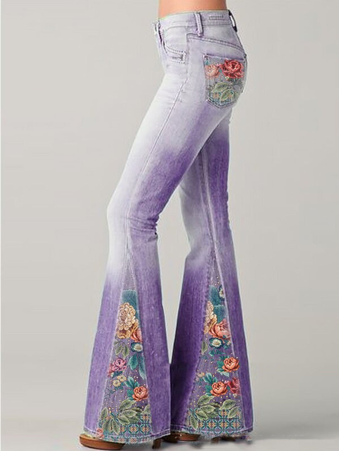 Women's embroidered high-rise bootcut jeans with a bohemian floral design. Versatile for casual & unique style.