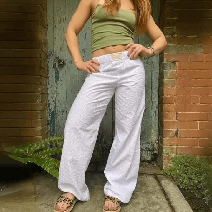 Women's high-rise wide-leg trousers with elegant eyelet detail. Breathable & comfortable for spring/summer fashion.