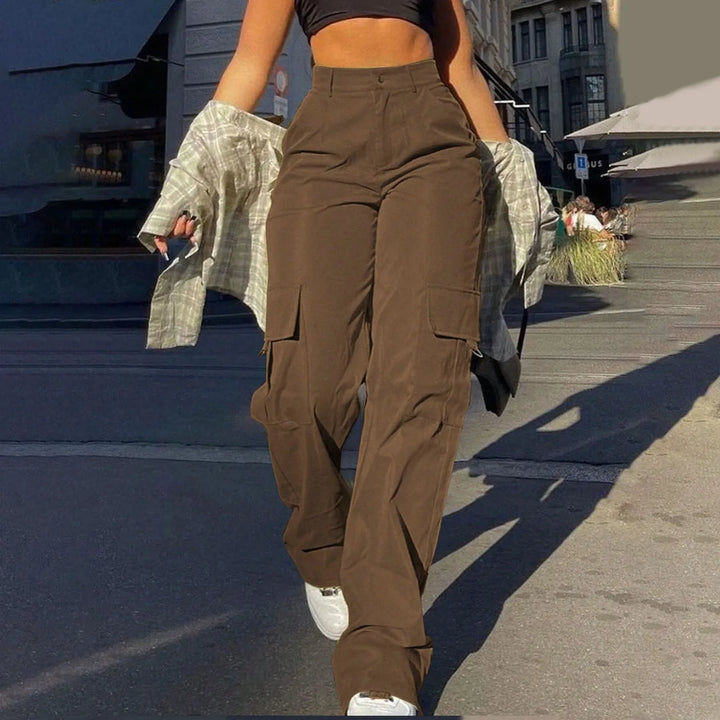 Versatile women's high-waist cargo pants, suitable for all seasons, featuring multiple pockets.