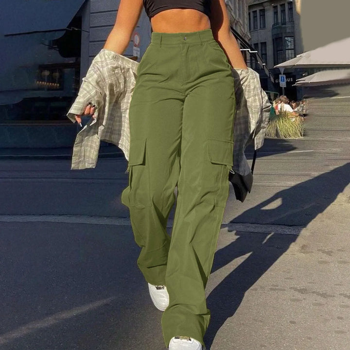 Functional high-waist cargo pants for women, designed with multiple practical utility pockets.