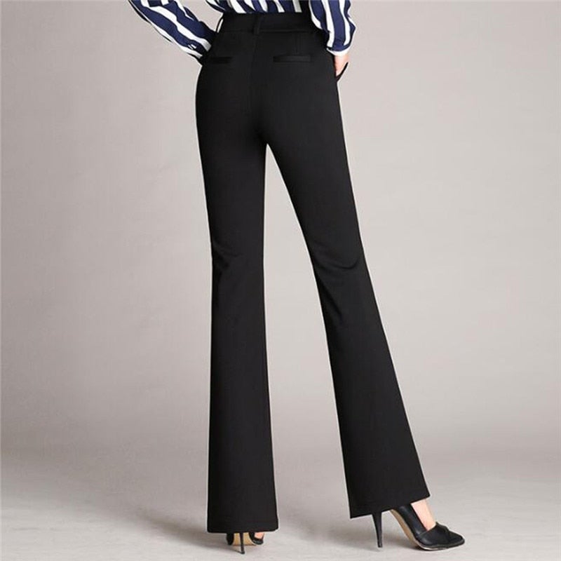 Stylish women's high-waisted flared trousers, ideal for business casual, office, or professional settings.