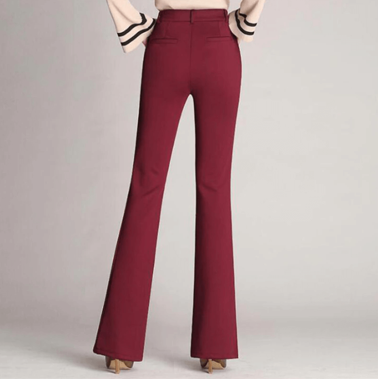 Comfortable women's high-waist flared work pants, designed for all-day wear in an office environment.