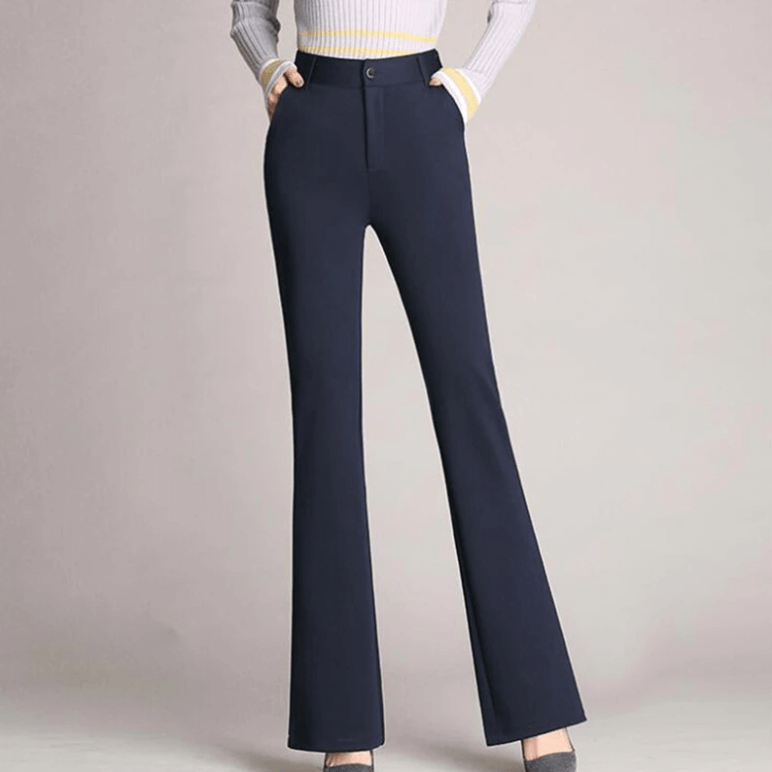 Versatile women's flared bottoms, high-waisted and tailored, suitable for office, work & business casual.