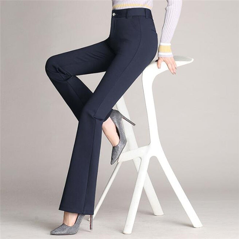 Professional women's tailored high-waist flared trousers, perfect for smart office and business attire.