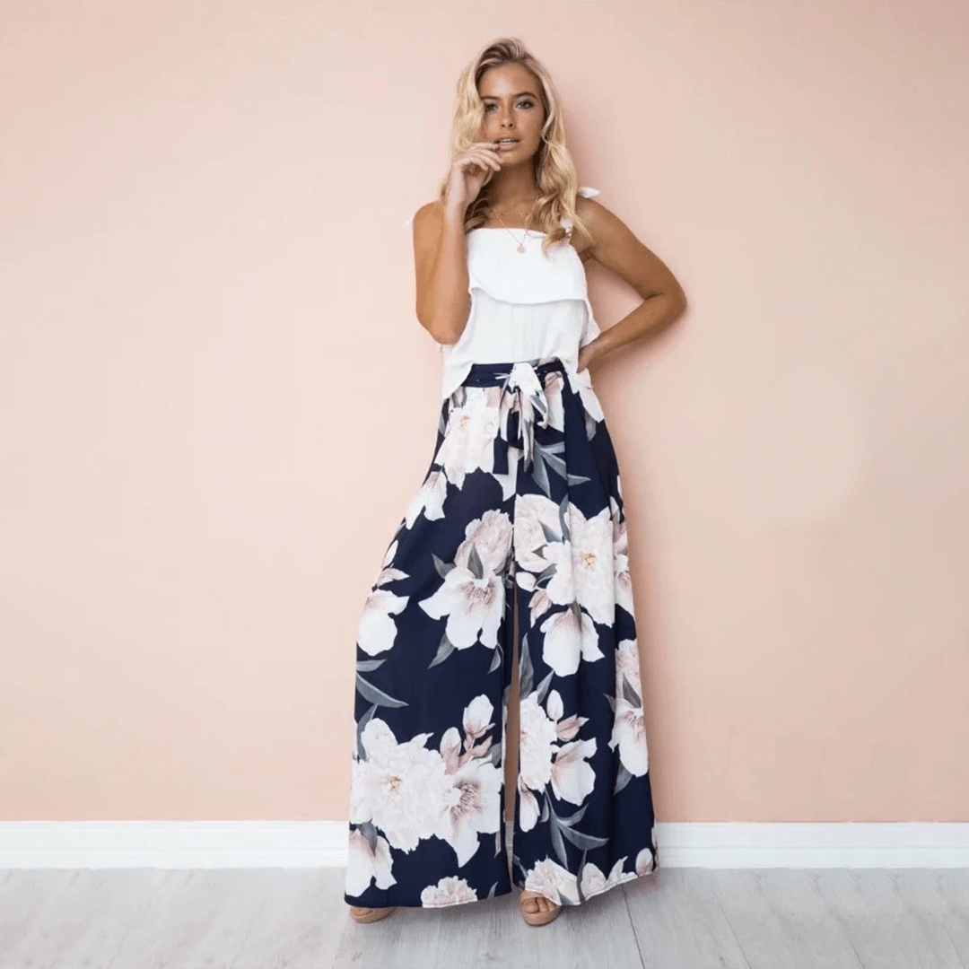 Vibrant blue & gray floral high waist trousers for women, an elegant and comfortable choice for spring/summer fashion.