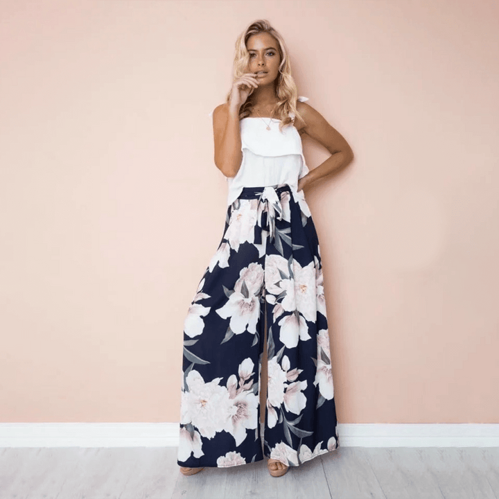 Vibrant blue & gray floral high waist trousers for women, an elegant and comfortable choice for spring/summer fashion.