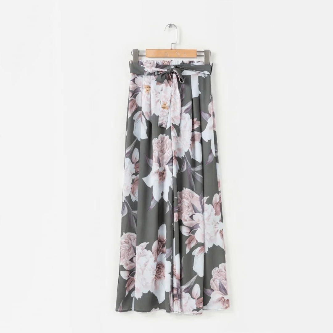 Blue and gray floral print high waist women's trousers, offering a loose fit & effortless style for summer.