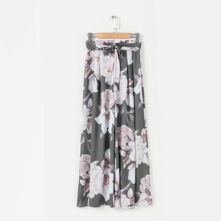 Blue and gray floral print high waist women's trousers, offering a loose fit & effortless style for summer.