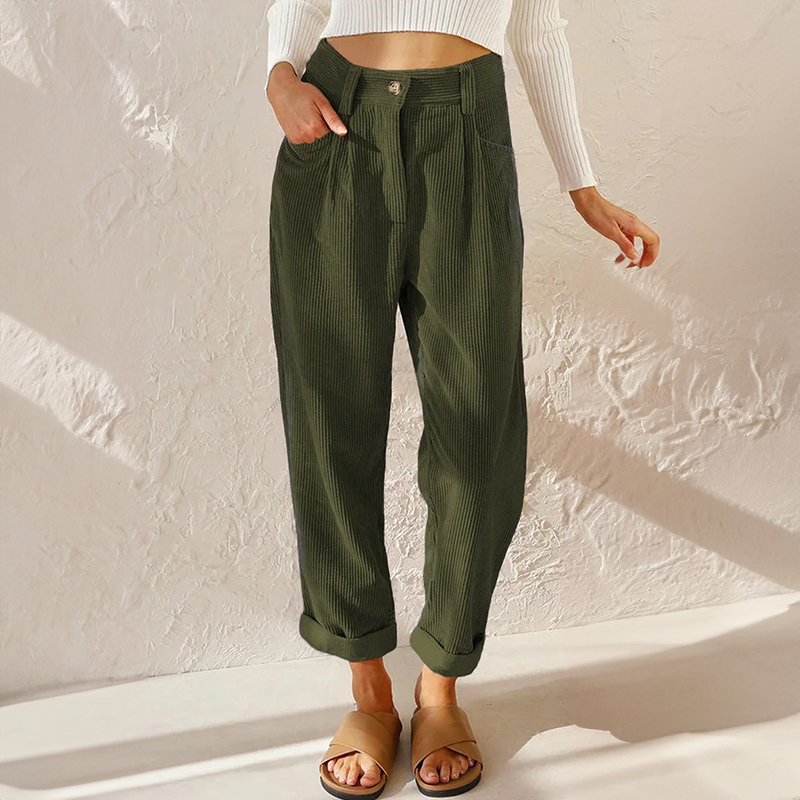 Versatile women's trousers featuring a high waist, relaxed fit, and modern tapered leg.
