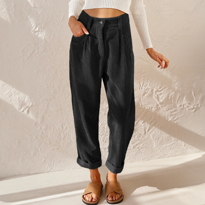 Pleated high waist tapered leg pants for women, offering a relaxed fit & comfortable classic style.