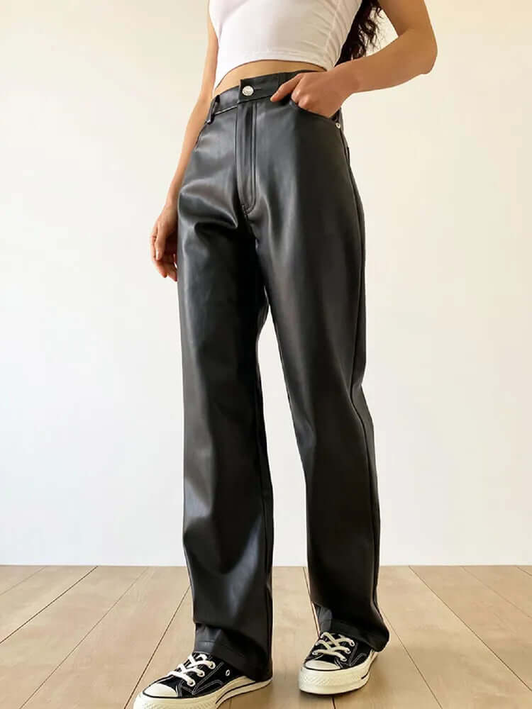 Sophisticated women's high-waisted straight-leg leather pants. Timeless vintage look for modern fashion.