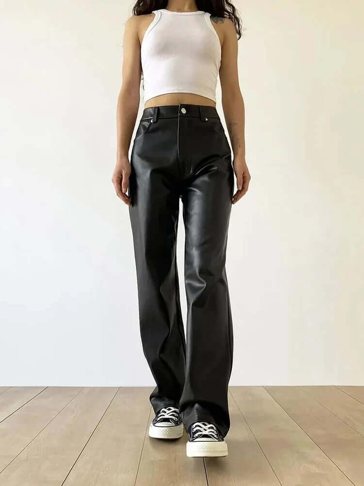 Elegant women's vintage leather pants, high-waist straight-leg design. Perfect for fall & winter fashion.