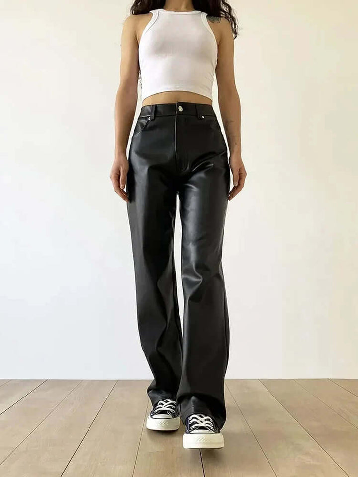 Elegant women's vintage leather pants, high-waist straight-leg design. Perfect for fall & winter fashion.