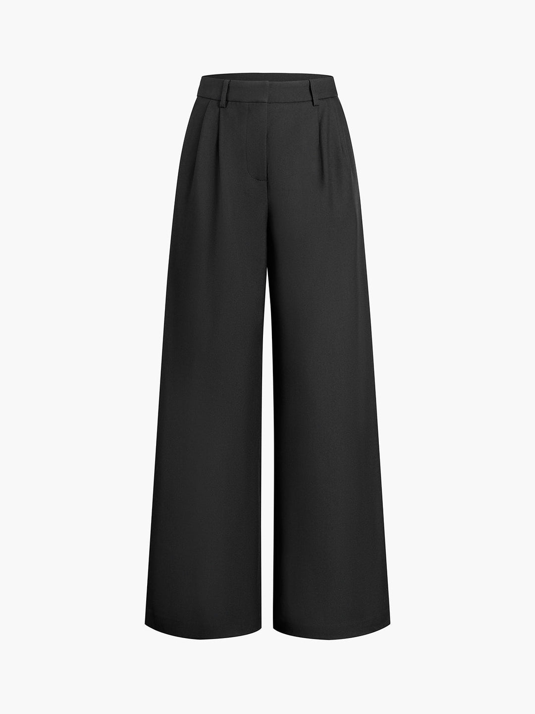 Front view of women's high-waist wide-leg tailored trousers, showcasing elegant drape and fit.