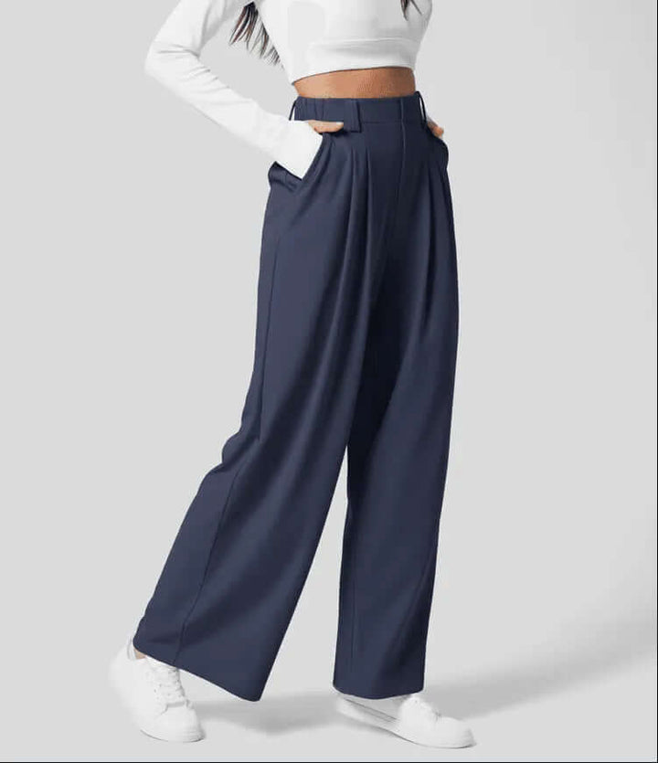Elegant women's pleated wide leg trousers, high-waisted for a flattering silhouette and effortless style.