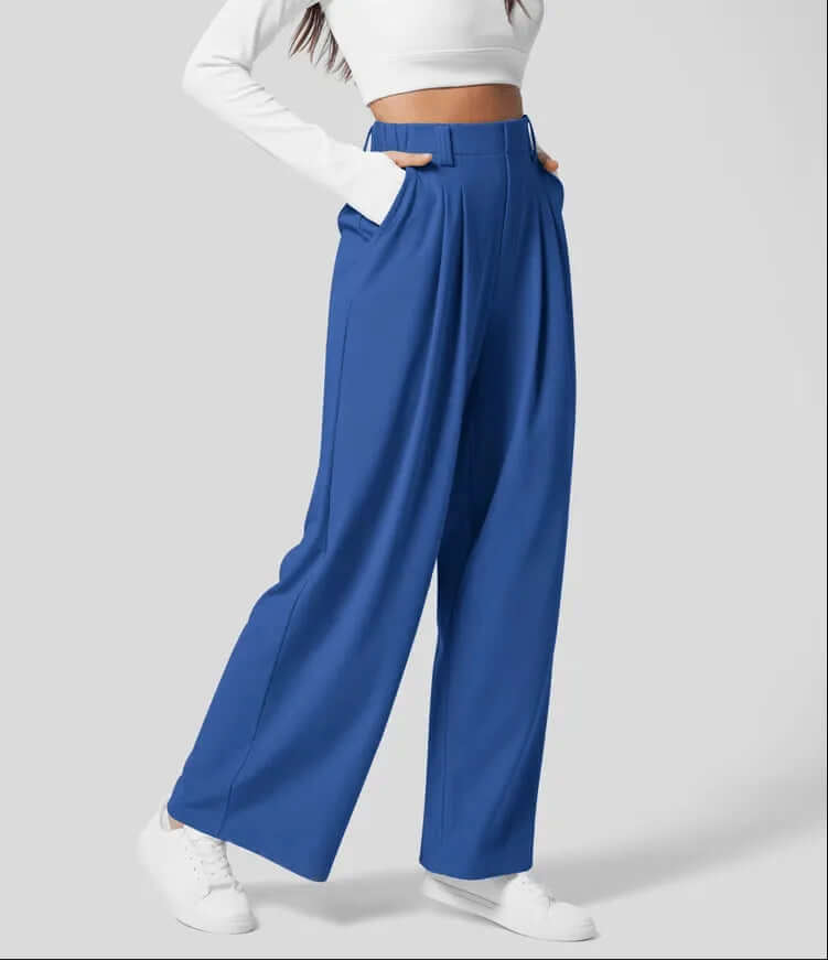 Stylish women's wide leg pants, high-waisted and pleated, suitable for professional and casual wear.