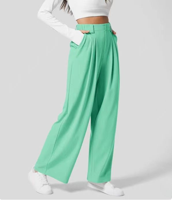 Stylish women's tailored wide-leg trousers, high-waisted & full-length. Ideal for office or smart casual fashion.