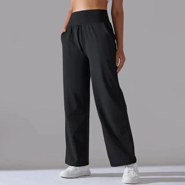 Durable women's high-waist wide-leg stretch yoga pants, built for ultimate flexibility.