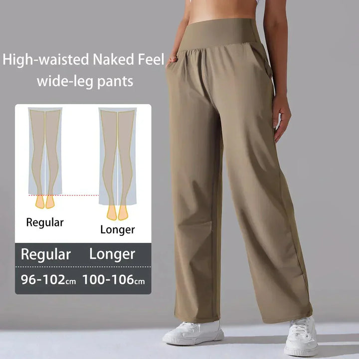 Stylish women's wide-leg yoga pants with a high waist, made from soft, stretchy fabric.