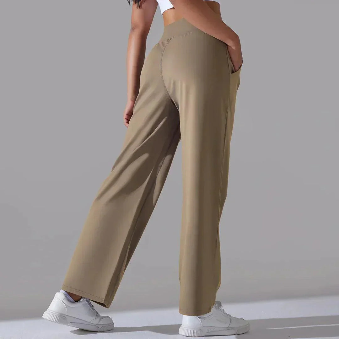 Flattering high-waist wide-leg stretch pants for women, great for fitness and casual style.