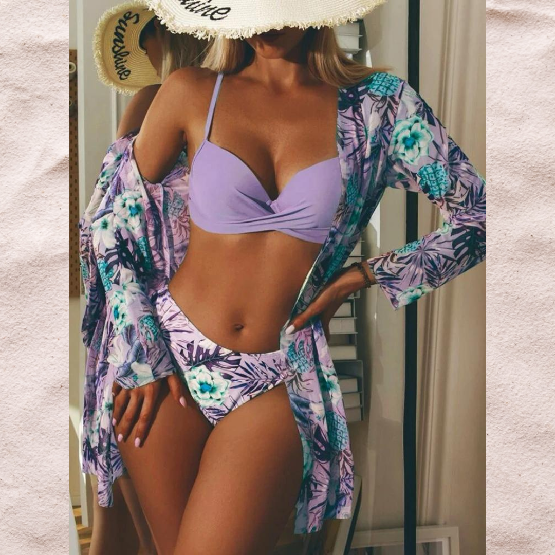 Women's high waisted bikini set with modern twist top, comfortable and chic beach fashion.