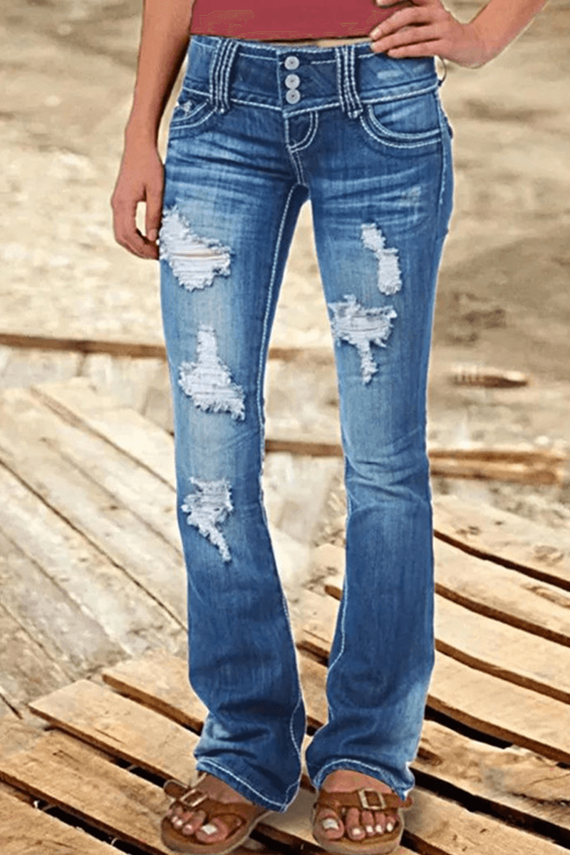 Women's high-waisted bootcut blue ripped jeans. Trendy distressed denim for a flattering casual look.