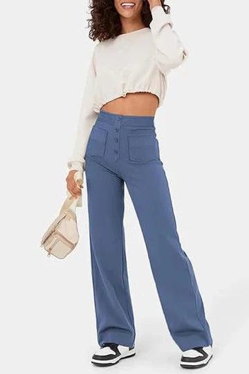 Stylish women's high-waist pants, versatile for casual wear. Comfortable polyester blend trousers.