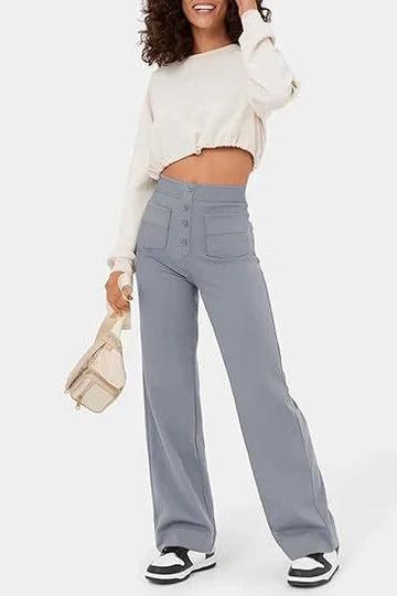 Comfortable women's high-waisted trousers, ideal for casual everyday wear & versatile fashion.