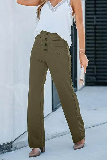 Soft polyester blend women's high-waisted casual trousers for comfortable, fashionable everyday wear.
