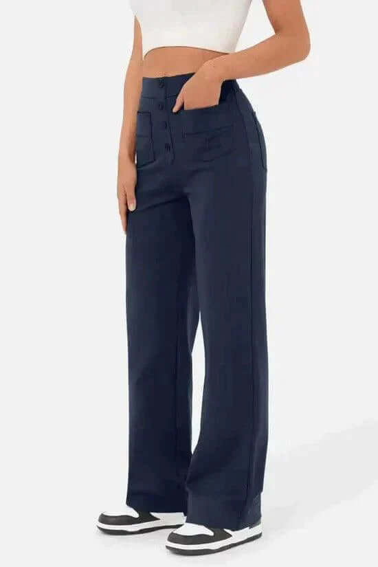 Fashionable women's high-waisted trousers, a casual and comfortable polyester blend for daily wear.