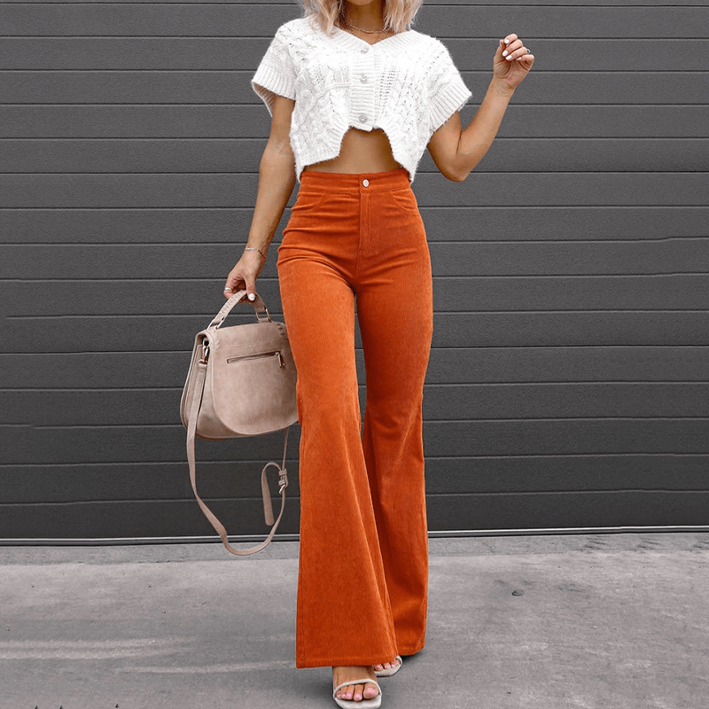 Women's high-waisted corduroy flared trousers, retro style for ultimate comfort & fall fashion.