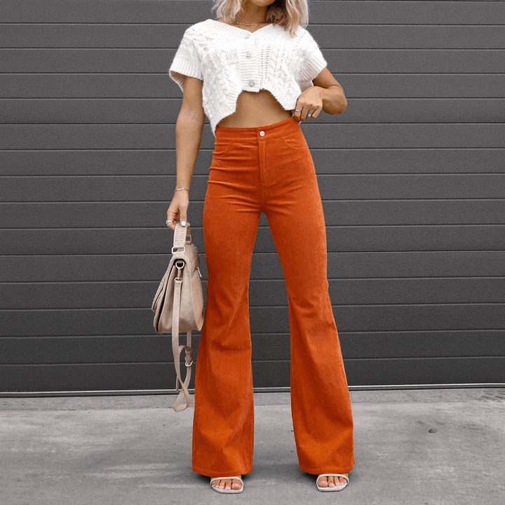 Vintage-inspired women's corduroy flared pants, high-waisted & comfortable for boho chic outfits.