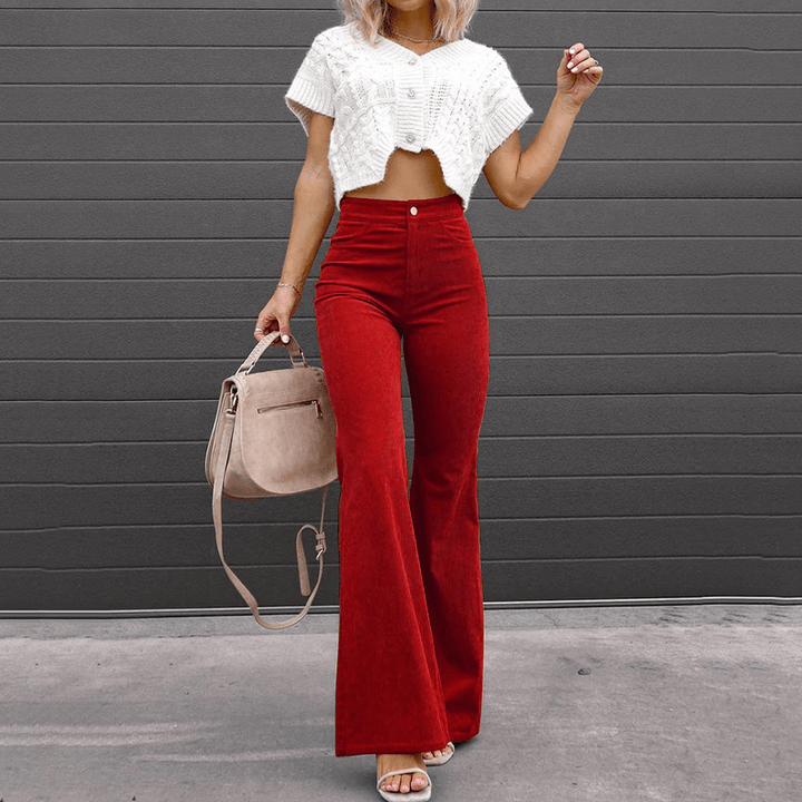 Retro brown corduroy flared pants for women, high-waisted & cozy for everyday vintage style.