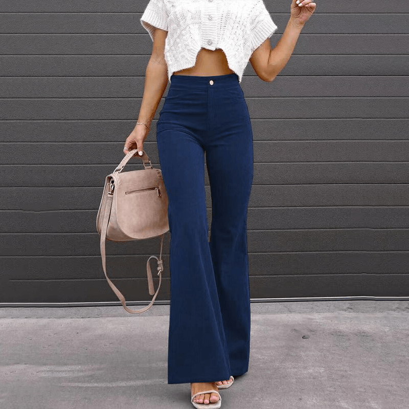 Boho chic women's high-waisted corduroy flared trousers, offering vintage style & comfort for fall.