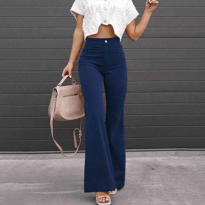 Boho chic women's high-waisted corduroy flared trousers, offering vintage style & comfort for fall.