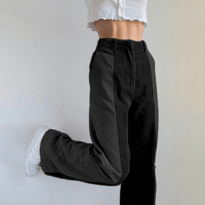 Black women's corduroy wide leg trousers, high-waisted for a flattering fit. Versatile and stylish fashion pants.