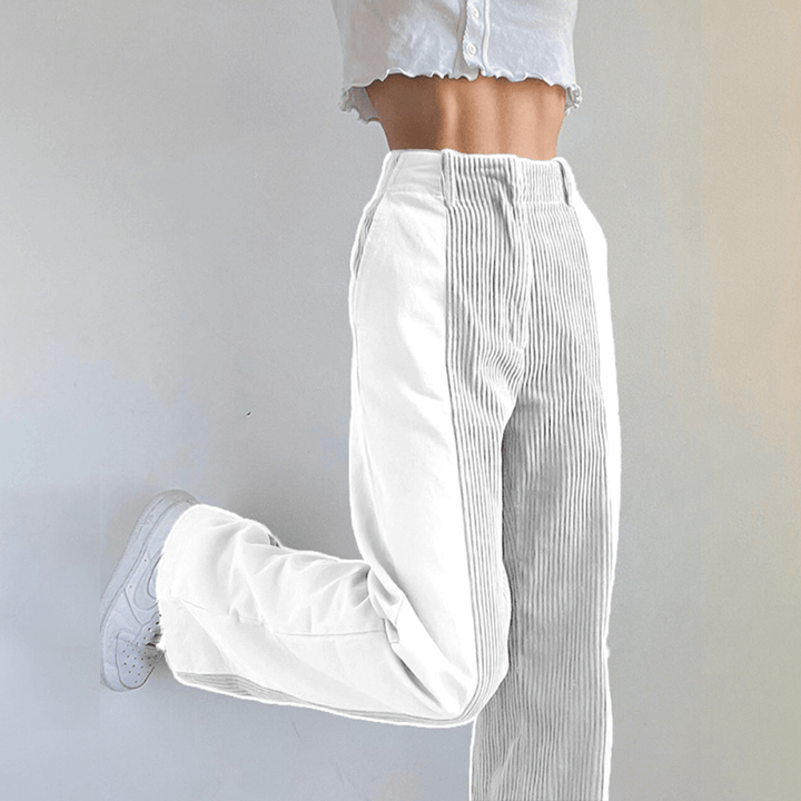 Stylish white corduroy wide leg pants for women. High-waisted design offers comfort and a trendy casual look.