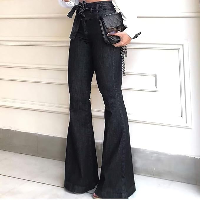 Women's high waisted flare jeans with a stylish tie belt, perfect for a retro-inspired look and leg lengthening.