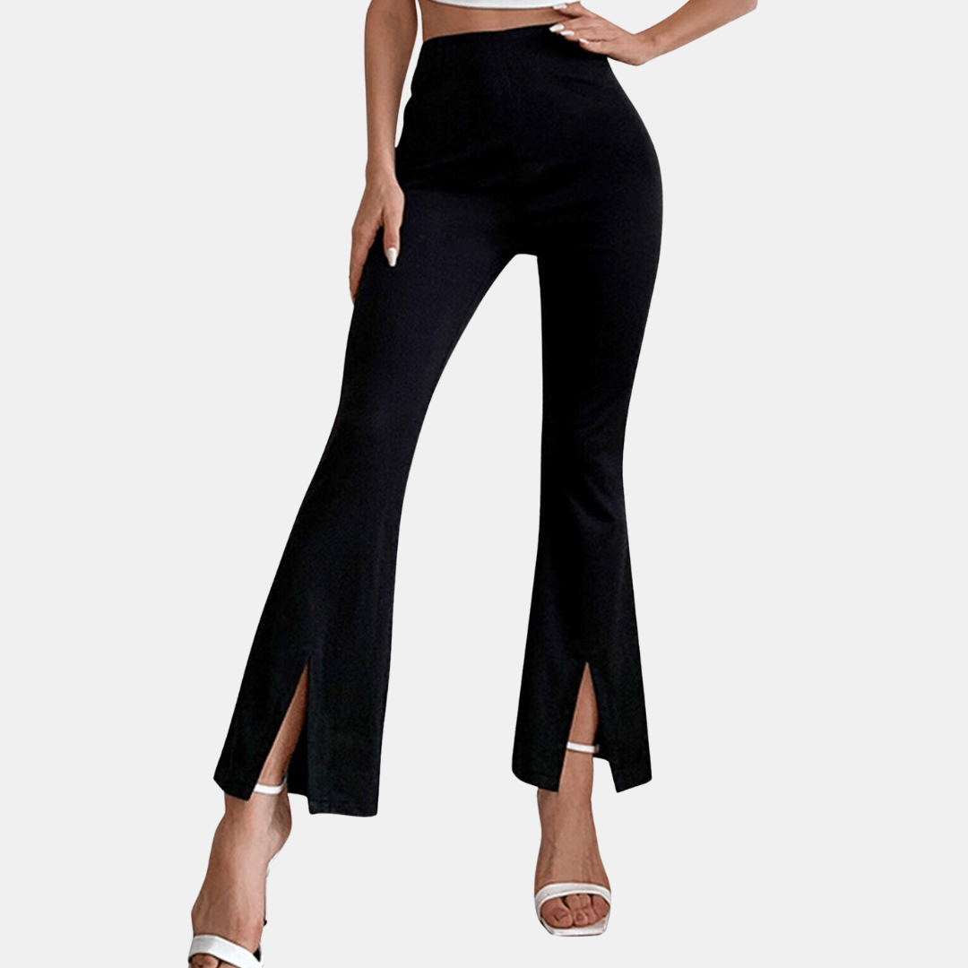 Stylish women's high-waisted flare pants featuring a modern front slit, offering comfort and versatility.