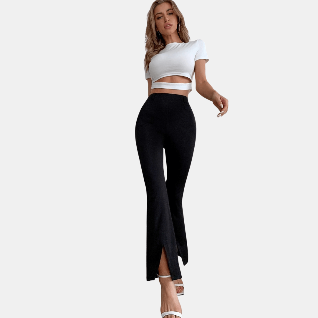 Comfortable stretch high-waisted flare trousers for women with an elegant front slit, ideal for work & fashion.