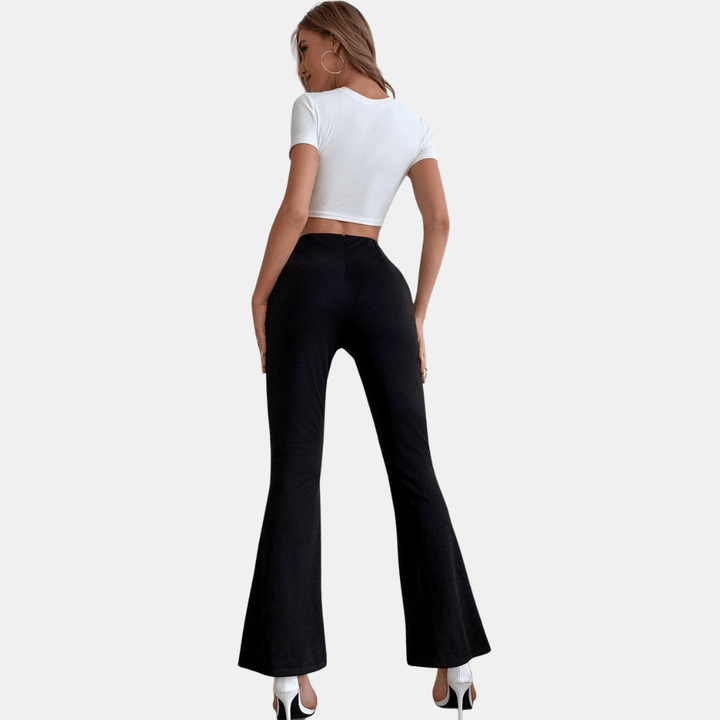 Elegant high-waisted flare trousers with front slit for women, perfect for professional office and work wear.