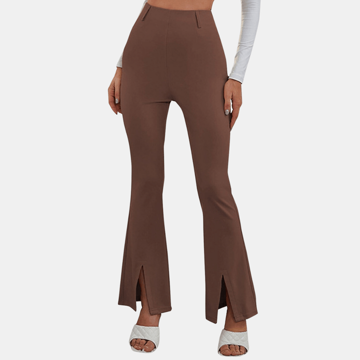 Versatile high-waisted flare pants for women with front slit, offering a comfortable, casual chic style.