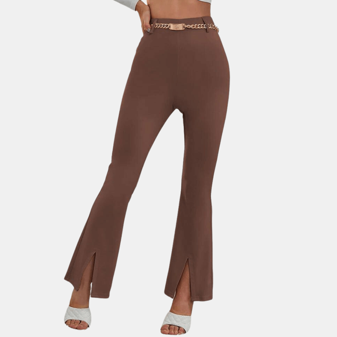 Fashion-forward women's high-waisted flare trousers, featuring a unique front slit for a modern, stylish look.